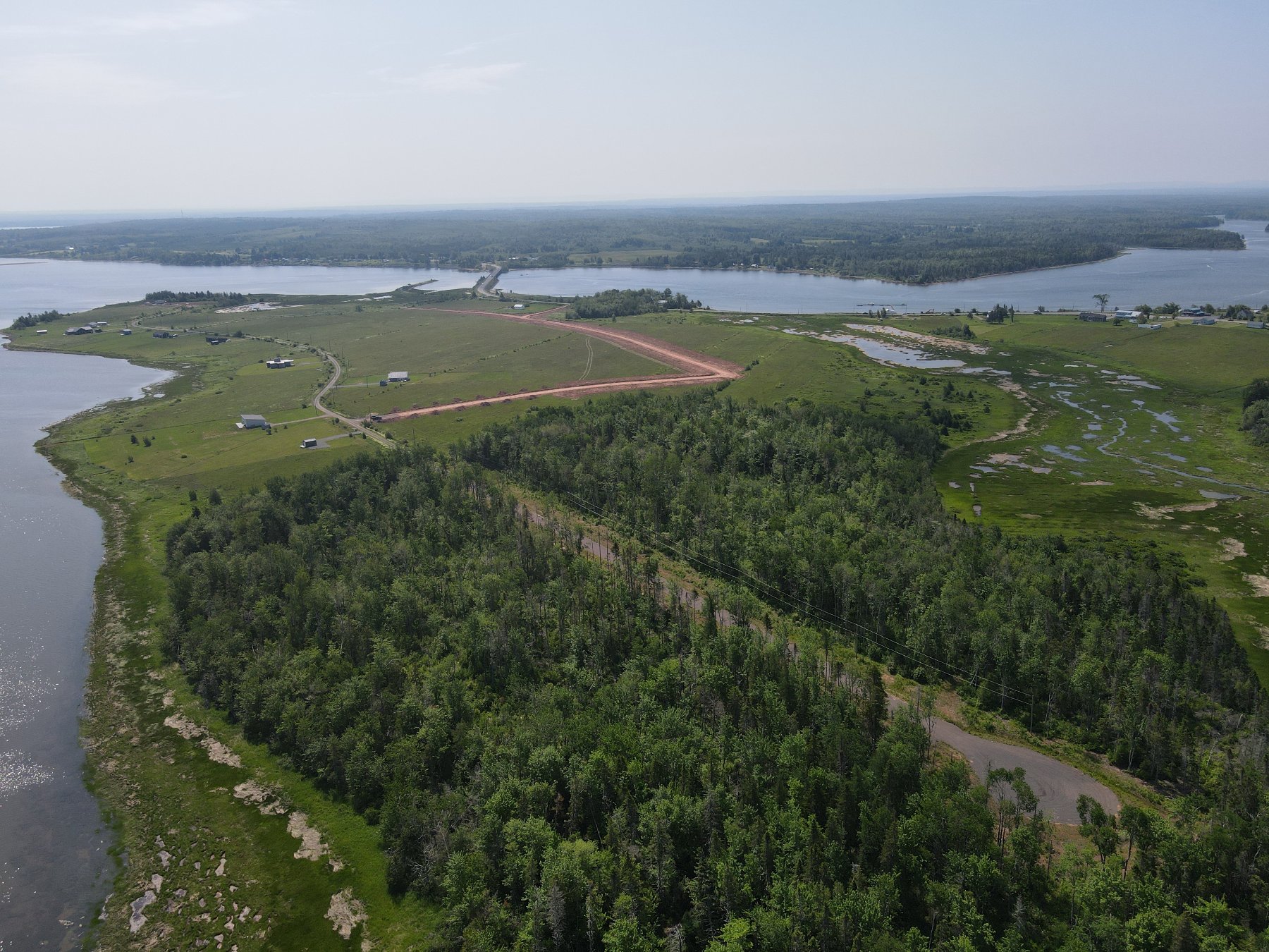 Aerial view of Toney Bay oceanfront lots and shoreline, Nova Scotia