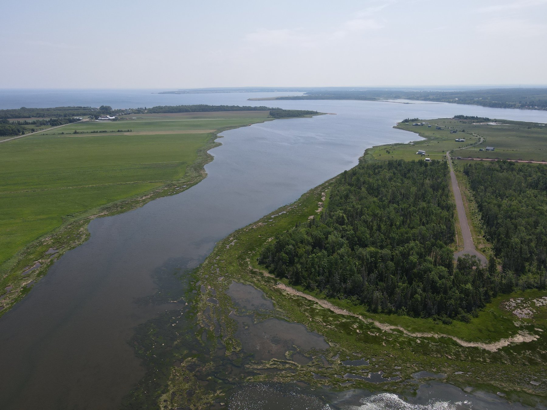 Drone photo of Toney Bay waterfront land for sale, Northumberland Strait, Nova Scotia